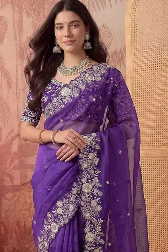 Purple floral embroidered poly georgette saree