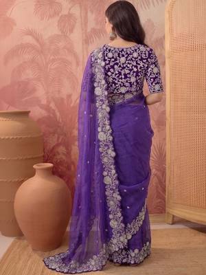 Purple floral embroidered poly georgette saree 5
