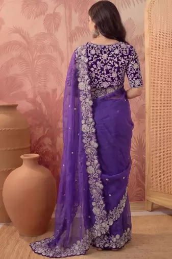 Purple floral embroidered poly georgette saree