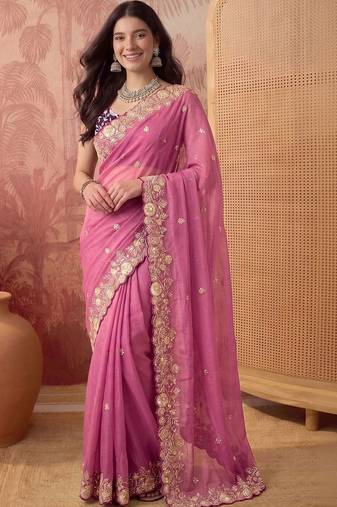 Pink floral embroidered poly georgette saree