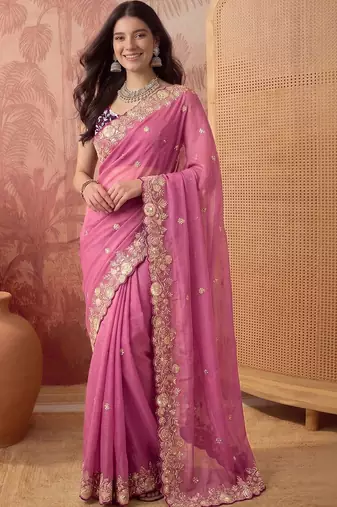 Pink floral embroidered poly georgette saree