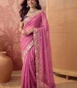 Pink floral embroidered poly georgette saree