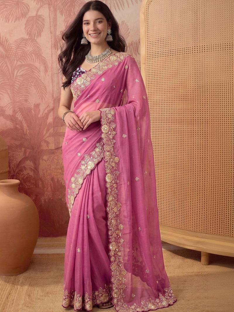 Pink floral embroidered poly georgette saree