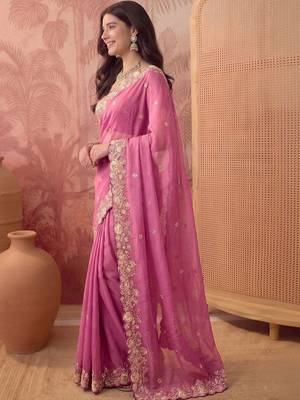 Pink floral embroidered poly georgette saree 2
