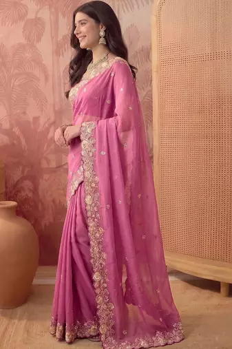 Pink floral embroidered poly georgette saree