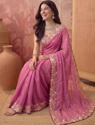 Pink floral embroidered poly georgette saree 3