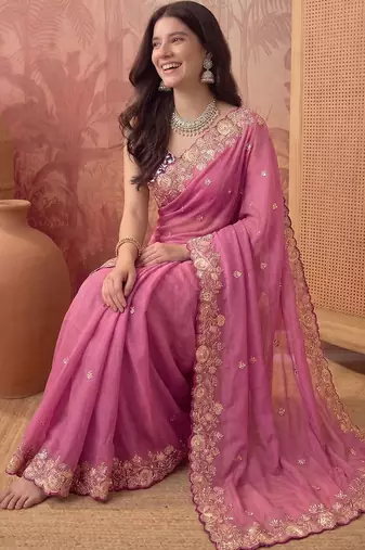 Pink floral embroidered poly georgette saree
