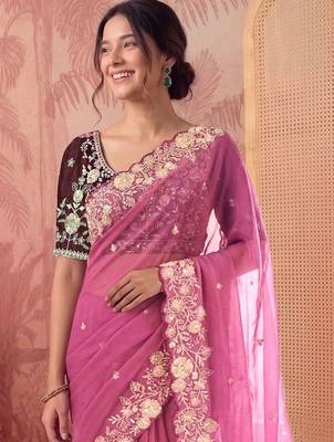 Pink floral embroidered poly georgette saree 4