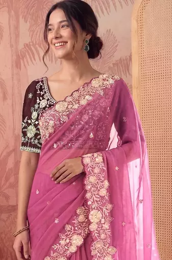 Pink floral embroidered poly georgette saree