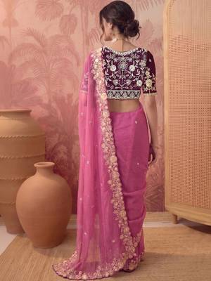 Pink floral embroidered poly georgette saree 5