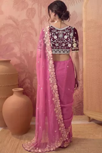 Pink floral embroidered poly georgette saree