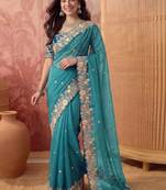 Teal embellished embroidered poly georgette saree