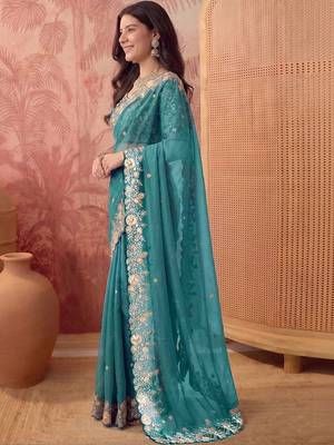 Teal embellished embroidered poly georgette saree 2