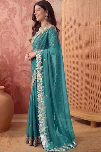 Teal embellished embroidered poly georgette saree