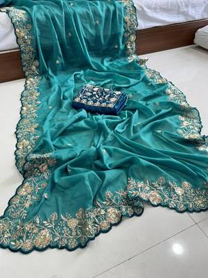 Teal embellished embroidered poly georgette saree 4