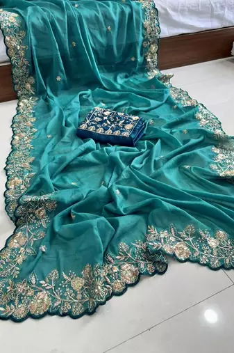 Teal embellished embroidered poly georgette saree