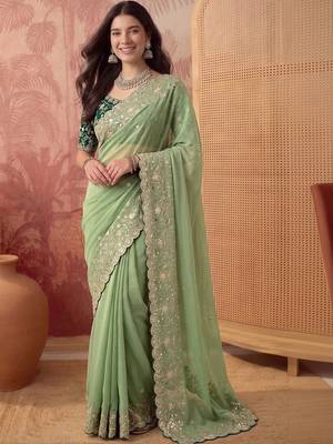 Lime floral embroidered poly georgette saree 1