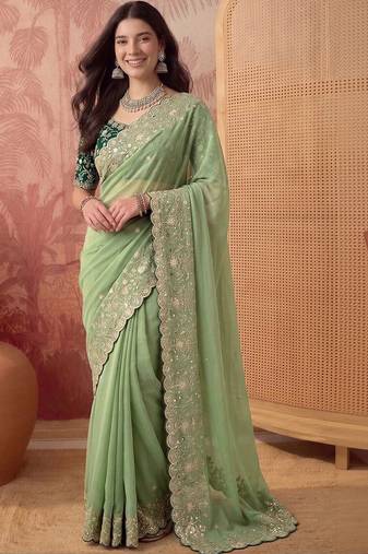Lime floral embroidered poly georgette saree