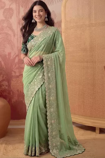 Lime floral embroidered poly georgette saree