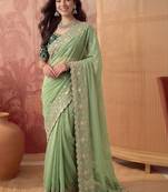 Lime floral embroidered poly georgette saree