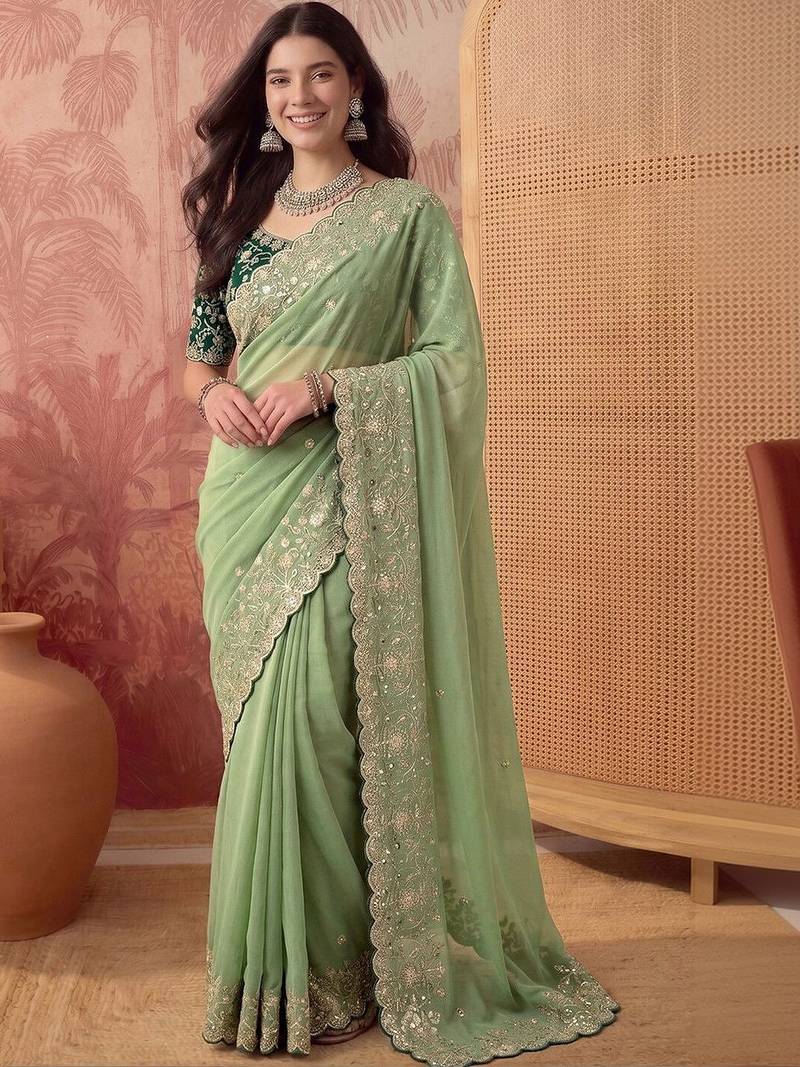 Lime floral embroidered poly georgette saree
