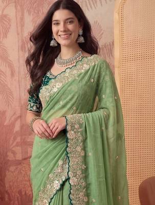 Lime floral embroidered poly georgette saree 2