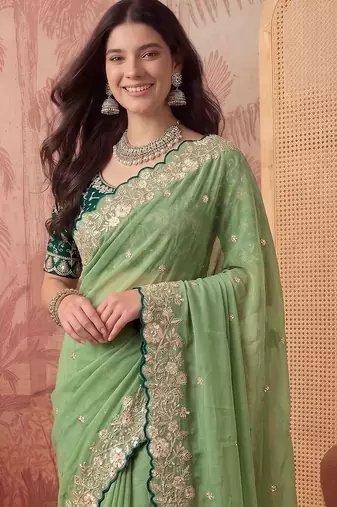 Lime floral embroidered poly georgette saree