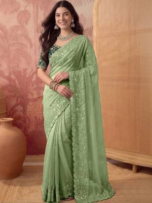 Lime floral embroidered poly georgette saree 3