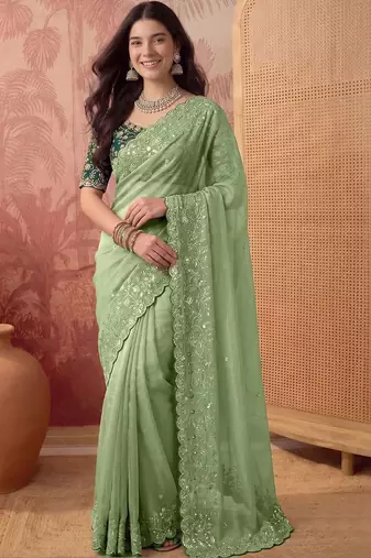 Lime floral embroidered poly georgette saree