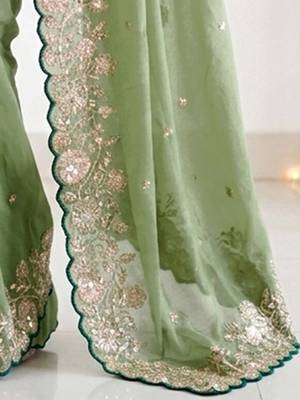 Lime floral embroidered poly georgette saree 5