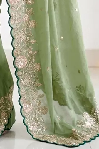 Lime floral embroidered poly georgette saree