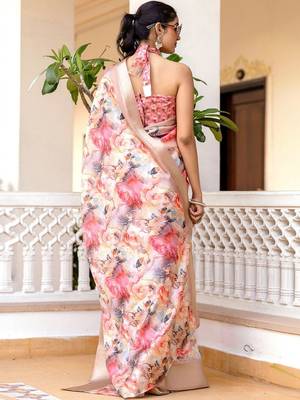 Pink printed ready to wear saree blouse piece 3
