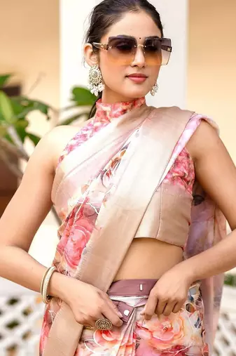 Pink printed ready to wear saree blouse piece