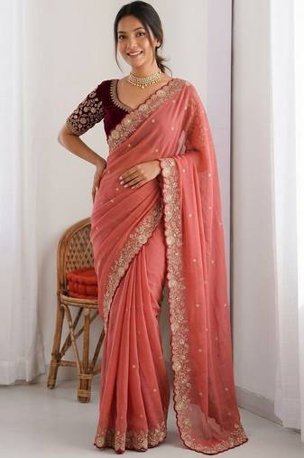 Peach embellished embroidered  georgette heavy work saree