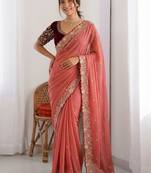 Peach embellished embroidered  georgette heavy work saree