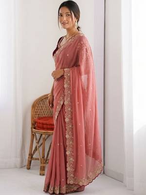 Peach embellished embroidered  georgette heavy work saree 2