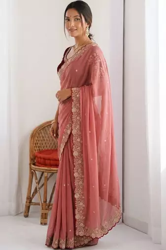 Peach embellished embroidered  georgette heavy work saree