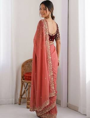Peach embellished embroidered  georgette heavy work saree 3