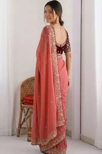 Peach embellished embroidered  georgette heavy work saree