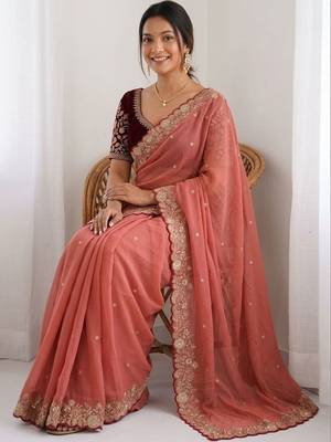 Peach embellished embroidered  georgette heavy work saree 4