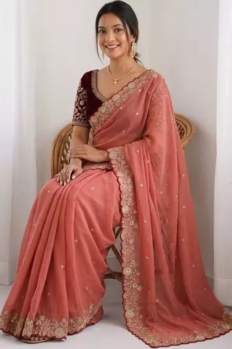 Peach embellished embroidered  georgette heavy work saree