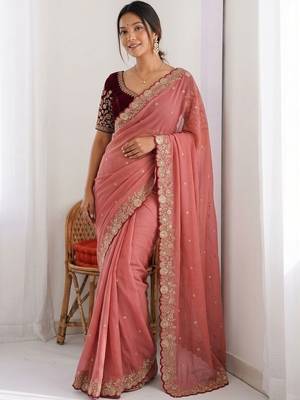 Peach embellished embroidered  georgette heavy work saree 5