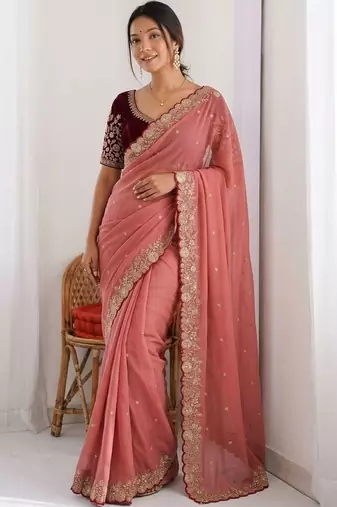 Peach embellished embroidered  georgette heavy work saree