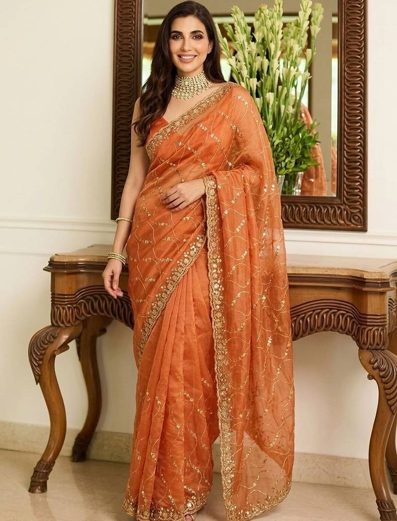 Orange embroidered sarees blouse piece