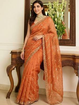 Orange embroidered sarees blouse piece 3