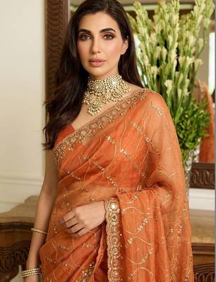 Orange embroidered sarees blouse piece 4