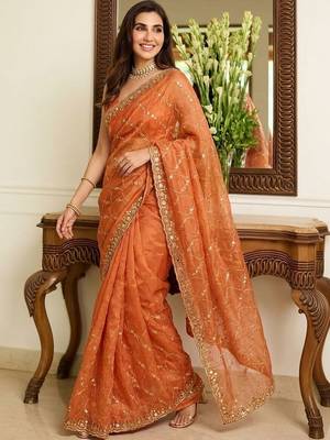 Orange embroidered sarees blouse piece 5