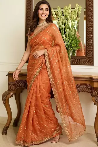 Orange embroidered sarees blouse piece