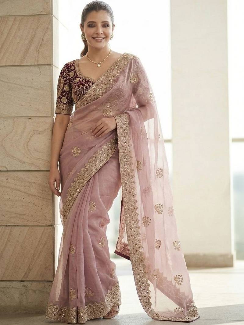 Lavender embroidered zari sequinned saree with stitched blouse