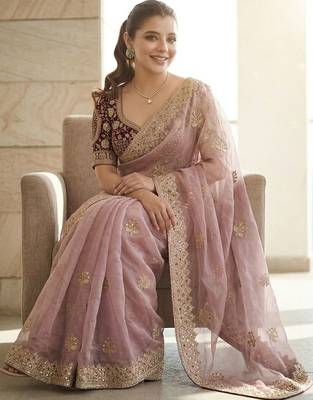Lavender embroidered zari sequinned saree with stitched blouse 2
